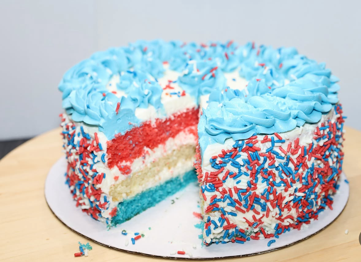 Red, white, and blue layered celebration cake